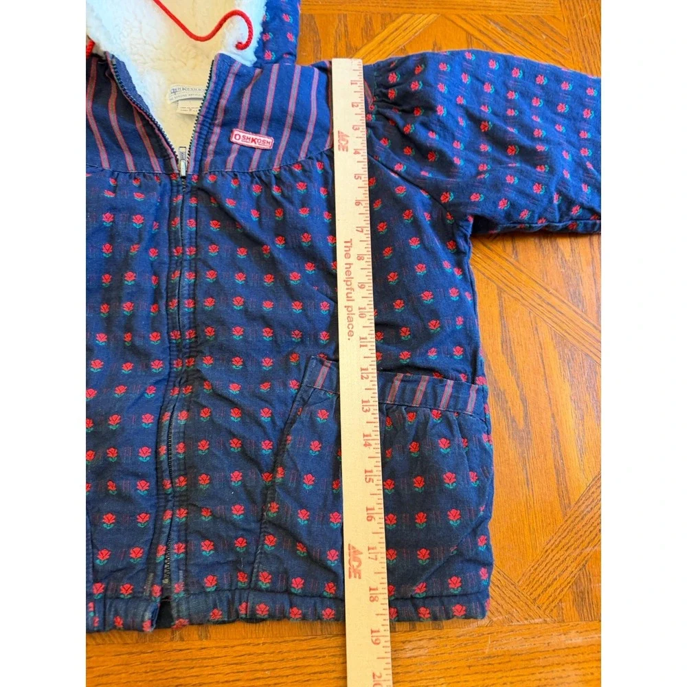 Vintage Oshkosh Girl's Coat Blue Floral Red Zipper Sherpa Lined Size 6